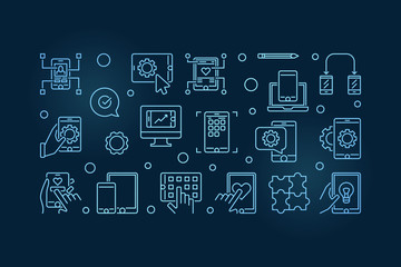 Poster - mobile app development blue horizontal banner in thin line style on dark background. vector illustra