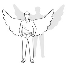 Full Length Of Man Standing With Wings On His Back Vector Illustration Sketch Doodle Hand Drawn With Black Lines Isolated On White Background