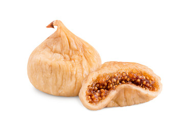 Dried figs isolate on a white background. Dried figs in general and cut form.