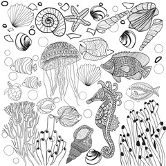 Decorative underwater world sea life, fishes, jelyfish, fishes, sea horse.