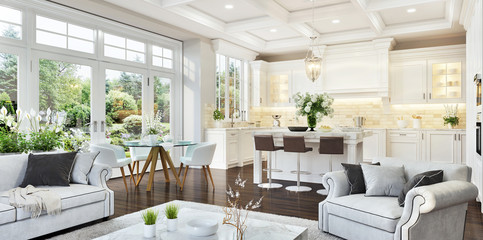 luxurious white kitchen and living room in a big house