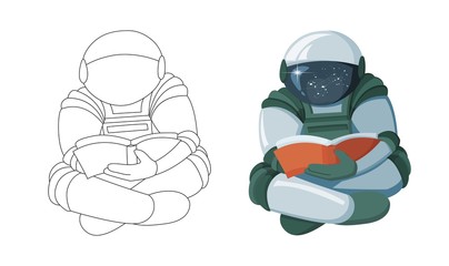 Wall Mural - Cartoon Floating astronaut reading a book in space isolated on white background