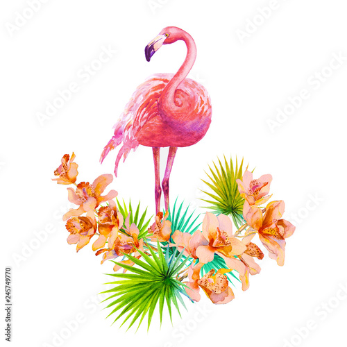 Tropical summer arrangements with flamingos, palm leaves and exotic orchids f...