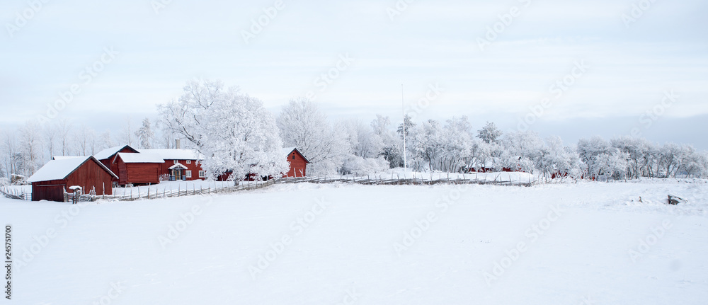 Farm barn and house in a cold winter landscape with snow and frost ...