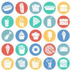 Poster - Fasfood icons set on color circles white background for graphic and web design, Modern simple vector sign. Internet concept. Trendy symbol for website design web button or mobile app