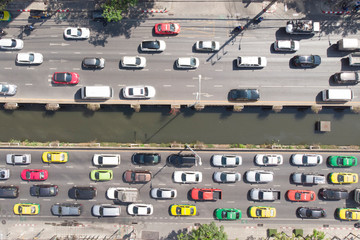 Top down view of  cars and the traffic jam on Sathon Road in Bangkok Thailand