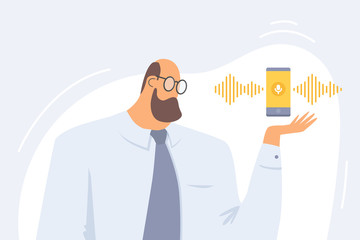 Poster - concept of voice recognition. person gives voice signal to smartphone. intellectual technology sound