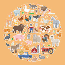 Vector Funny Farm Collection. Farmer, Dog, Barn, Cow, Sheep, Donkey, Pig, Chicken, Rooster, Duck, Turkey, Goat, Bull, Calf, Ostrich, Rabbits, Cats, Goose, Lama, Horse, Guinea Fowl, Truck And Tractor.