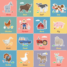 Funny Farm Vector Illustration With Farmer, Barn, Truck, Tractor, Horse, Calf, Bull, Cow, Pig, Sheep, Goat, Donkey, Goose, Turkey, Duck, Chicken. Comic Collection Tile With People, Tech, Bird, Animals
