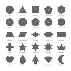 Wall Mural - Big set vector basic shape. Circle, triangle, square, pentagon, hexagon, heptagon, octagon, nonagon, decagon, superellipse, trapezium, parallelogram, rhombus, ellipse, rectangle, octagram and more.