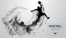 Abstract Silhouette Of A Basketball Player On White Background From Particles, Dust, Smoke, Steam. Basketball Player Jumping And Performs Slam Dunk. Background Can Be Changed To Any Other. Vector