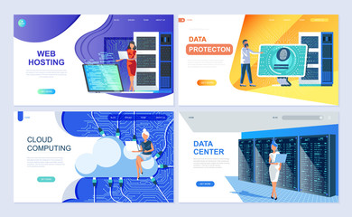 Poster - Set of landing page template for Hosting, Data Protection, Data Center, Cloud Computing. Modern vector illustration flat concepts decorated people character for website and mobile website development.