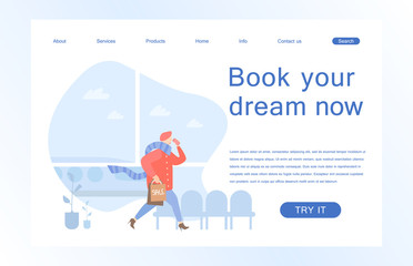 Landing page template of Book your flight. Modern flat design concept of web page design for website and mobile website. Vector illustration in flat design.