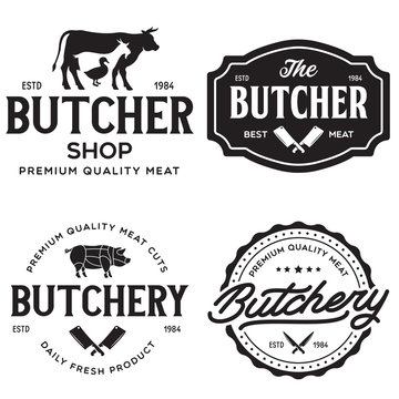 Set of Butcher Shop and Butchery hand written lettering logo, label, badge, emblem. Template for shop, cover, sticker, print, business works. Vintage retro style.