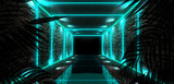Fototapeta Do przedpokoju - Background of the dark room, tunnel, corridor, neon light, lamps, tropical leaves. Abstract background with new light. 3D rendering