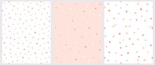 Simple Hand Drawn Irregular Dots Vector Patterns. Pink, Brown And Beige Dots On A White Background. Pink, White And Brown Dots On A Pink Background. Infantile Style Abstract Dotted Print.
