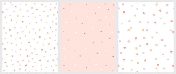 Simple Hand Drawn Irregular Dots Vector Patterns. Pink, Brown and Beige Dots on a White Background. Pink, White and Brown Dots on a Pink Background. Infantile Style Abstract Dotted Print.