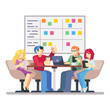 © polly_boo - Team working together on a big IT startup business. Strategy planning meeting. SCRUM task board hanging in a team room full of tasks on sticky note cards. Flat style isolated vector illustration