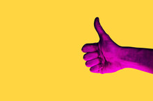 Isolated Hand Photo On Yellow Background. Pink Hand Collage Style. Bright Pop Art Template With Space For Text. Creative Minimalistic Backdrop. Poster, Banner Idea. Gestures With Fingers
