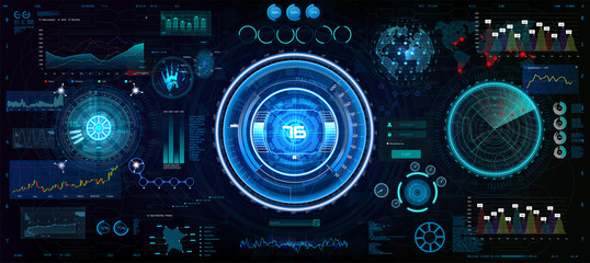 Wall Mural - HUD Interface set for GUI, UI, UX design. Head-Up style, Technology elements set (space, dashboard, hologram, spaceship, medicine, finance, analytics) Mechanical scheme HUD electric field. Vector 