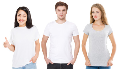 Wall Mural - Women and man in blank template t shirt isolated on white background. Guy and girls in tshirt with copy space and mock up for advertising. Black and gray shirts. Front view