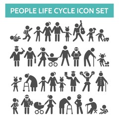 People life cycle icons. Vector illustration of person growing up from baby to old age human isolated on white background