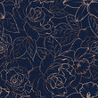 Seamless pattern with roses and daffodils on dark. Vector illustration.