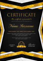 Wall Mural - Certificate template with geometry frame and gold badge. Black background design for Diploma, certificate of appreciation, achievement, completion, of excellence, award