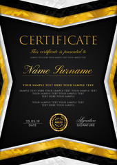 Wall Mural - Certificate template with geometry frame and gold badge. Black background design for Diploma, certificate of appreciation, achievement, completion, of excellence, award