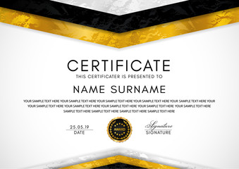Wall Mural - Certificate template with geometry frame and gold badge. White background design for Diploma, certificate of appreciation, achievement, completion, of excellence, award