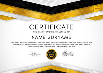 Wall Mural - Certificate template with geometry frame and gold badge. White background design for Diploma, certificate of appreciation, achievement, completion, of excellence, award