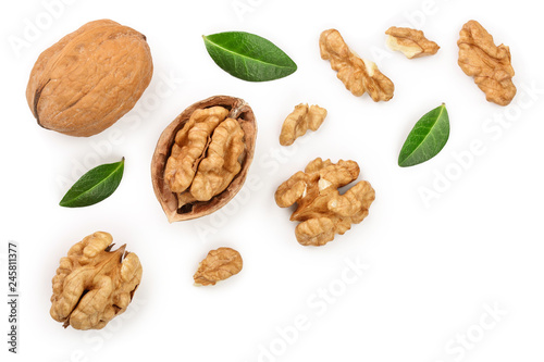 Cuadros en Lienzo Walnuts with leaf isolated on white background with copy space for your text