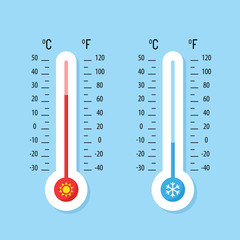 Wall Mural - Celsius and Fahrenheit thermometers. Thermometer equipment showing hot or cold weather - stock vector