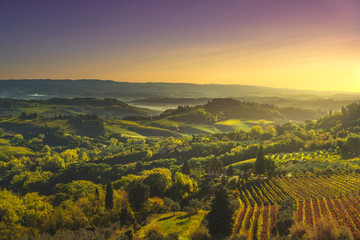 Panoramic view of countryside and chianti vineyards from San Gimignano. Tuscany, Italy