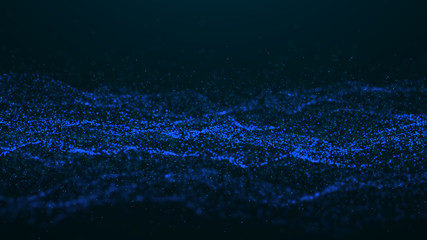 Poster - Wave Glow. Wave of particles. Wave 3d. 3d rendering. Futuristic dots background with a dynamic wave. Abstract Big Data Visualization.