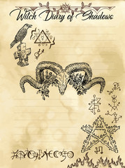 Witch diary page 5 of 31 with devil, pentagram, crow and evil symbols. Magic wiccan old book with occult illustration, mystic vector background