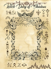 witch diary page 10 of 31 with gothic frame, devil, angel and evil dark symbols. magic wiccan old bo