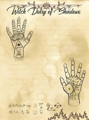 Witch diary page 12 of 31 with palm hand reading and chiromancy concept. Magic wiccan old book with occult illustration, mystic vector background