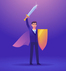 Confident businessman cheers with sword and shield in his arms. Super hero, successful boss, manager. Colorful design vector illustration