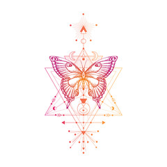 Vector illustration with hand drawn butterfly and Sacred geometric symbol on white background. Abstract mystic sign.