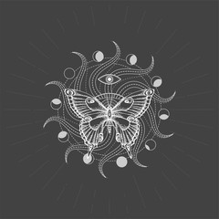 Vector illustration with hand drawn butterfly and Sacred geometric symbol on black background. Abstract mystic sign. White linear shape. For you design, tattoo or magic craft.