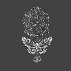 Wall Mural - Vector illustration with hand drawn butterfly and Sacred geometric symbol on black background. Abstract mystic sign. White linear shape. For you design, tattoo or magic craft.