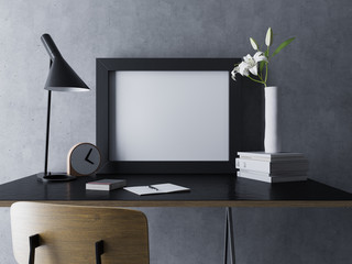 3d rendering black modern workspace interior poster mockup template with horizontal frame sitting on a table in front view