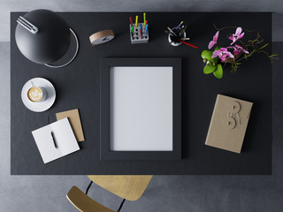 Wall Mural - 3d mock up design template to showcase design of blank poster in modern workspace in horizontal black frame resting on a polished glossy table in straight top view