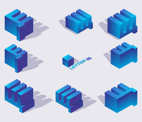 Poster - Collection of russian cyrillic letters shcha in isometric style. 3d set in blue gradients with shadows