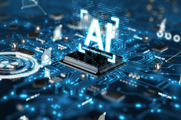 Poster - 3D render AI artificial intelligence technology CPU central processor unit chipset on the printed circuit board for electronic and technology concept select focus shallow depth of field