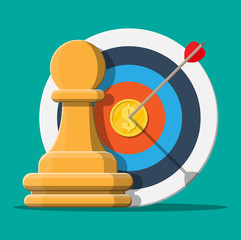 Poster - Target with arrow and gold coin, chess pawn.