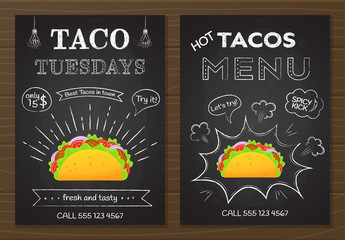 Traditional mexican fastfood tacos menu. Chalk board style food poster with hand drawn decoration on blackboard with tacos menu and taco tuesday offer and colorful beef taco vector illustration.