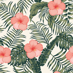 Wall Mural - Tropical leaves and hibiscus abstract colors seamless white background