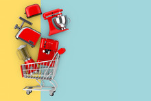 Many Kitchen Appliance Falling In Shopping Cart. 3d Rendering
